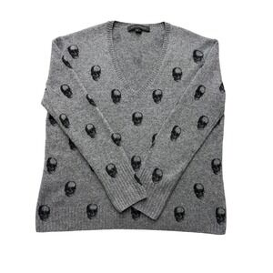 Skull Cashmere Sweater Womens XS Gray 100% Cashmere Skull Print V-Neck Pullover
